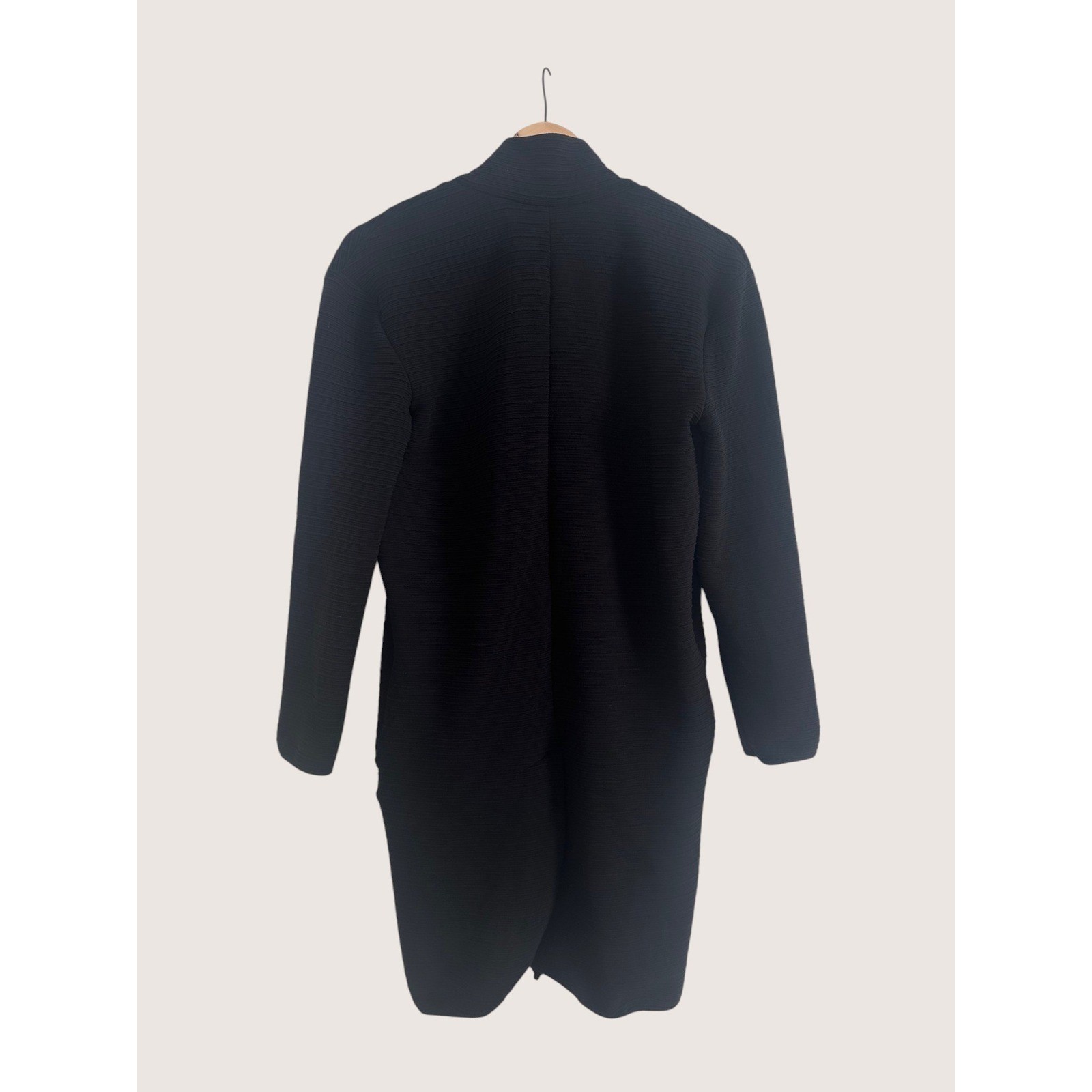 Tahari T Black Ribbed Open Front Cardigan Longline Structural Knit Jacket XS