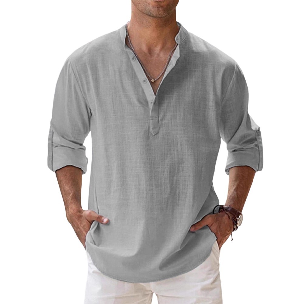 Men Linen Shirt Office Casual Stretch Fabric 80%Cotton Blend+20%Spandex