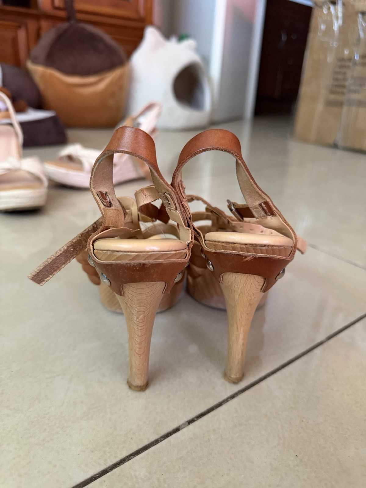 Michael Kors Brown/Beige Leather Strappy Ankle Strap Open Toe Heels US 7.5