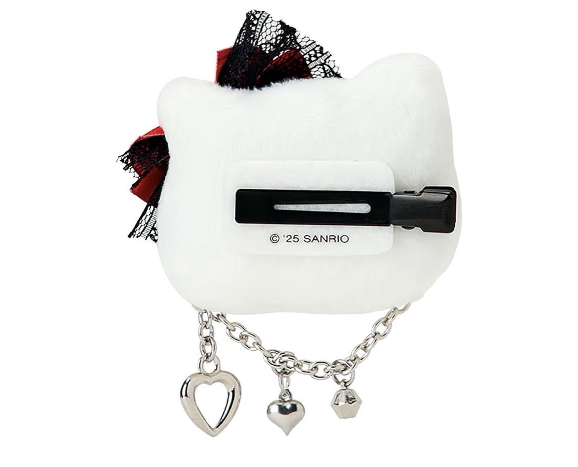 ❤️🖤Hello Kitty Sweet Rock’n Check Face Hair Clip Plush Chain Sanrio Japan🖤❤️
