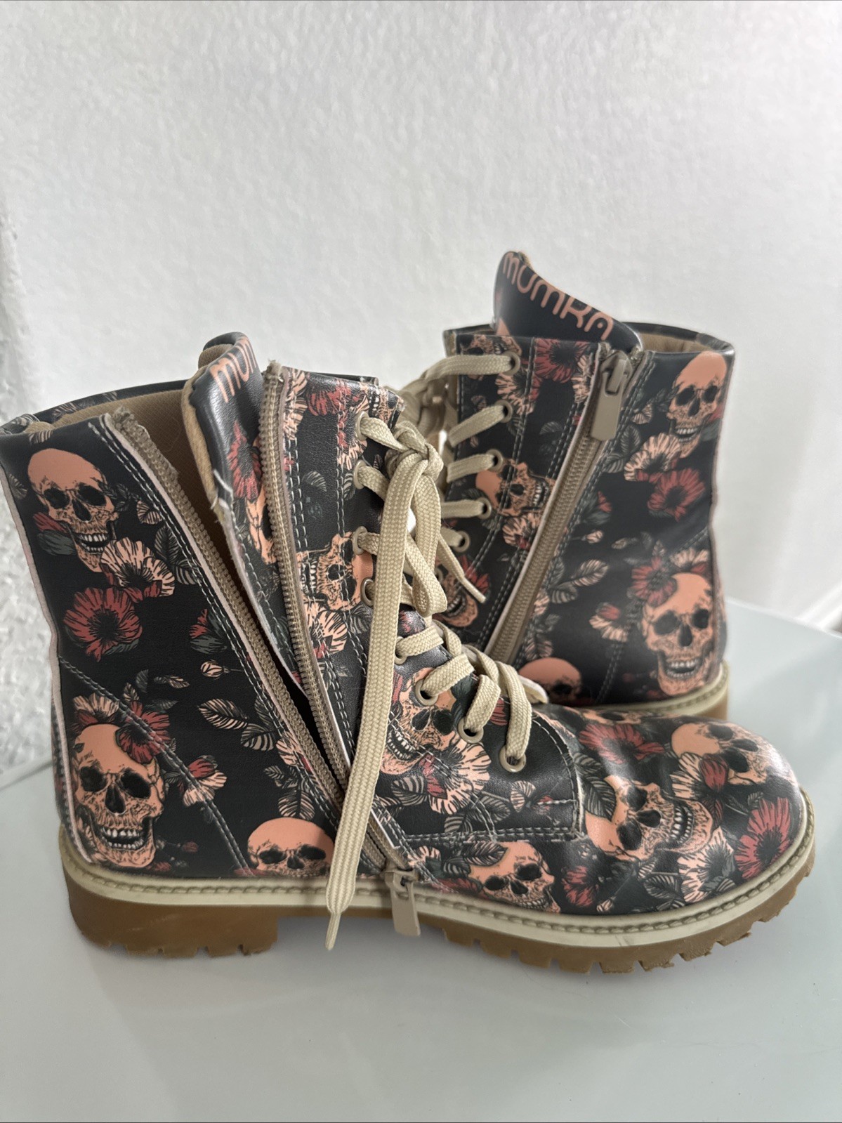Floral And Skull Combat Boot Zip Side With Front Lace Up Not Leather