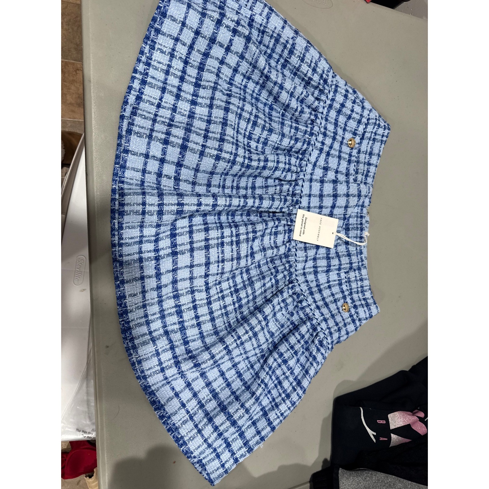 Free Assembly Blue White Plaid Tweed Mini Skirt Gold Button Accent Sz 6 NWT