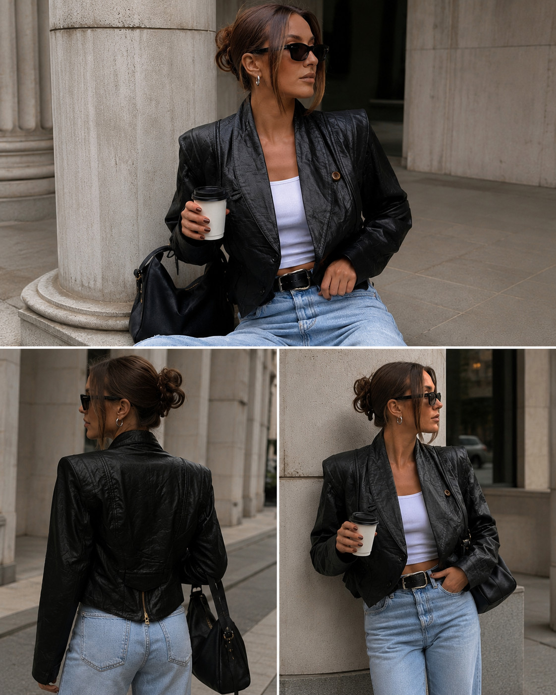 Vintage Black Genuine Leather Cropped Jacket Women’s S 80s Shoulder Pad Blazer