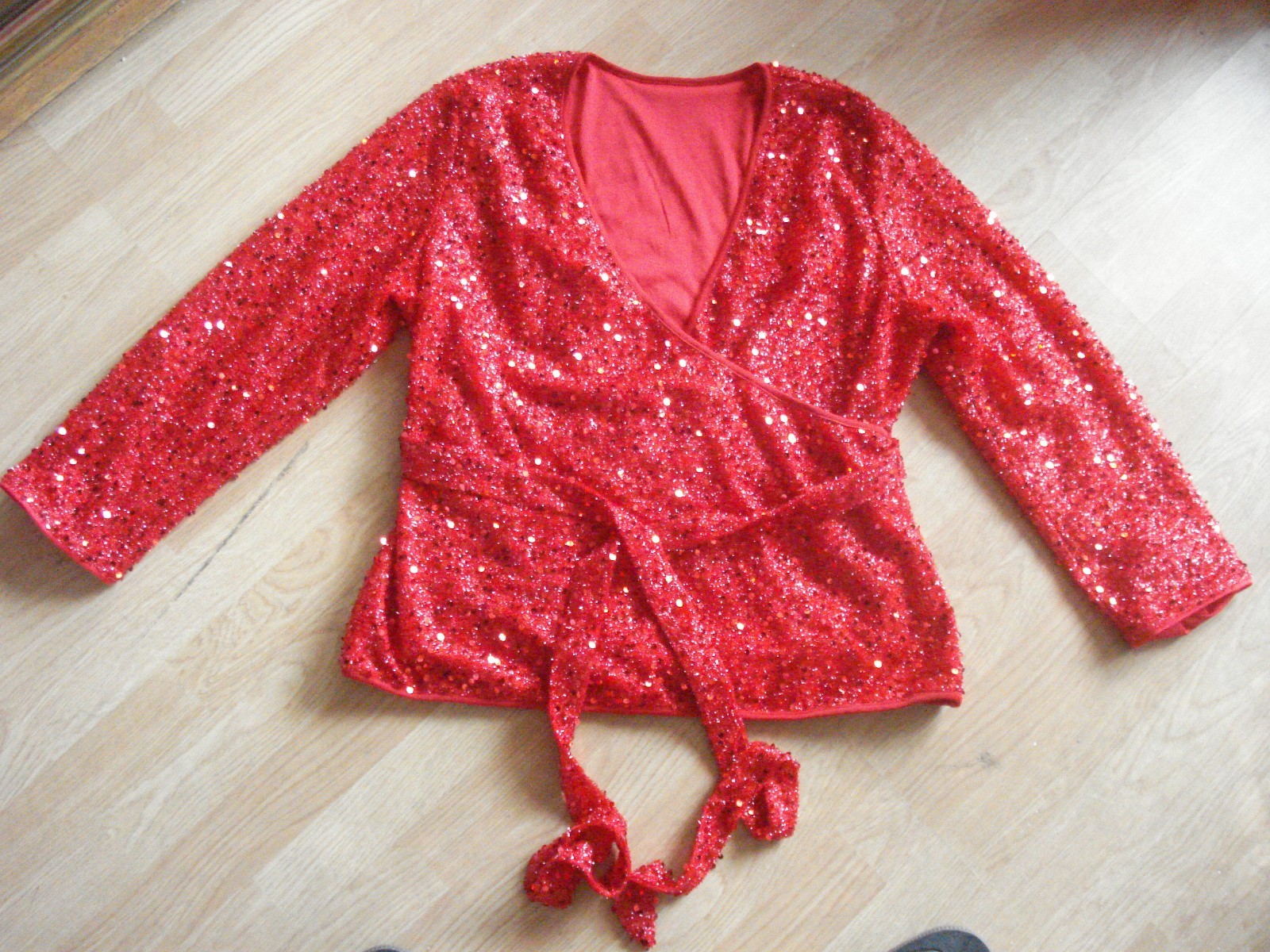 SHEIN CURVE RED SEQUIN POLYESTER PULLOVER LINED BELTED LONG SLEEVE UK 16 OXL