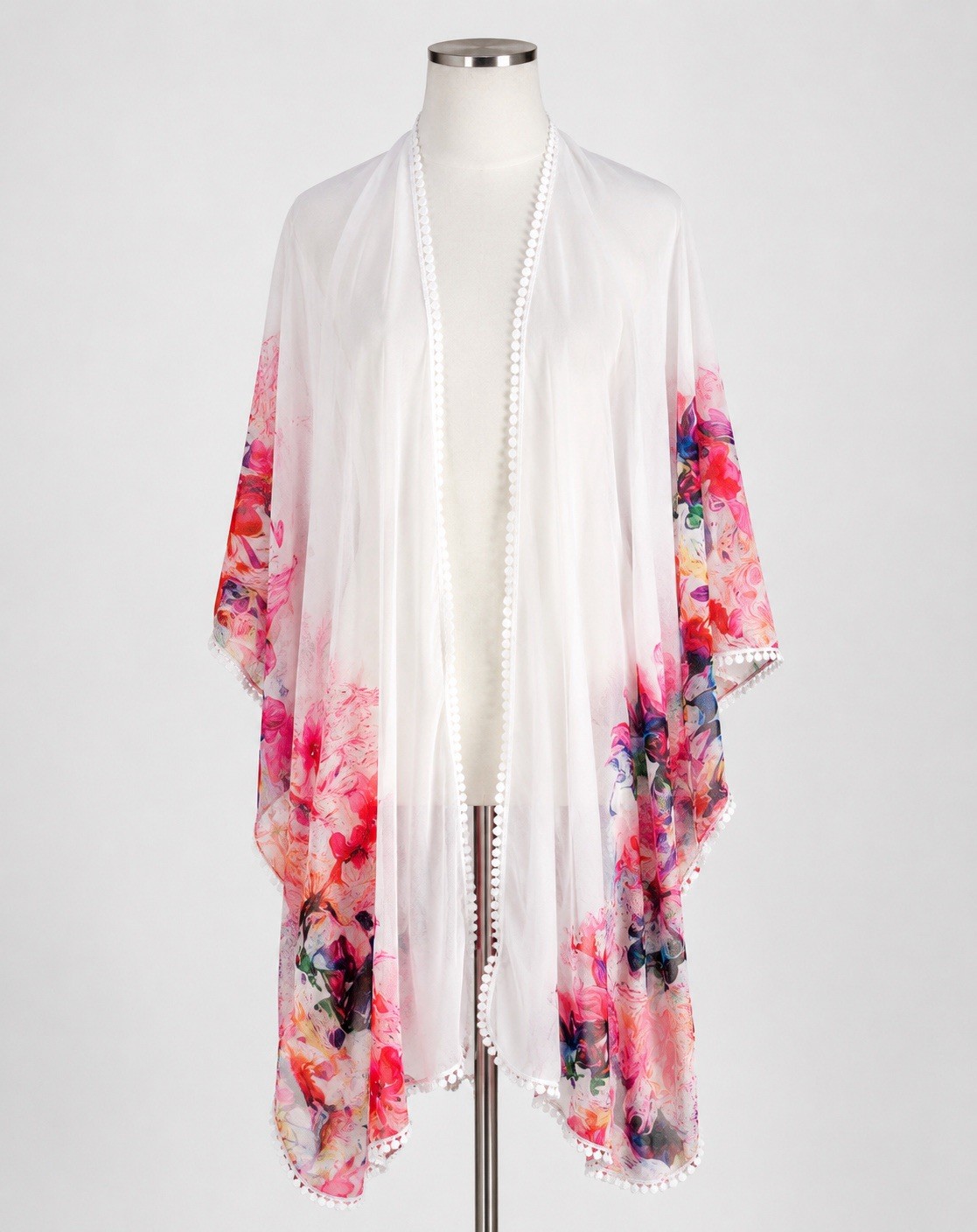 Womens Sheer Floral Kimono Cover Up White Watercolor Open Front Beach Swim OS