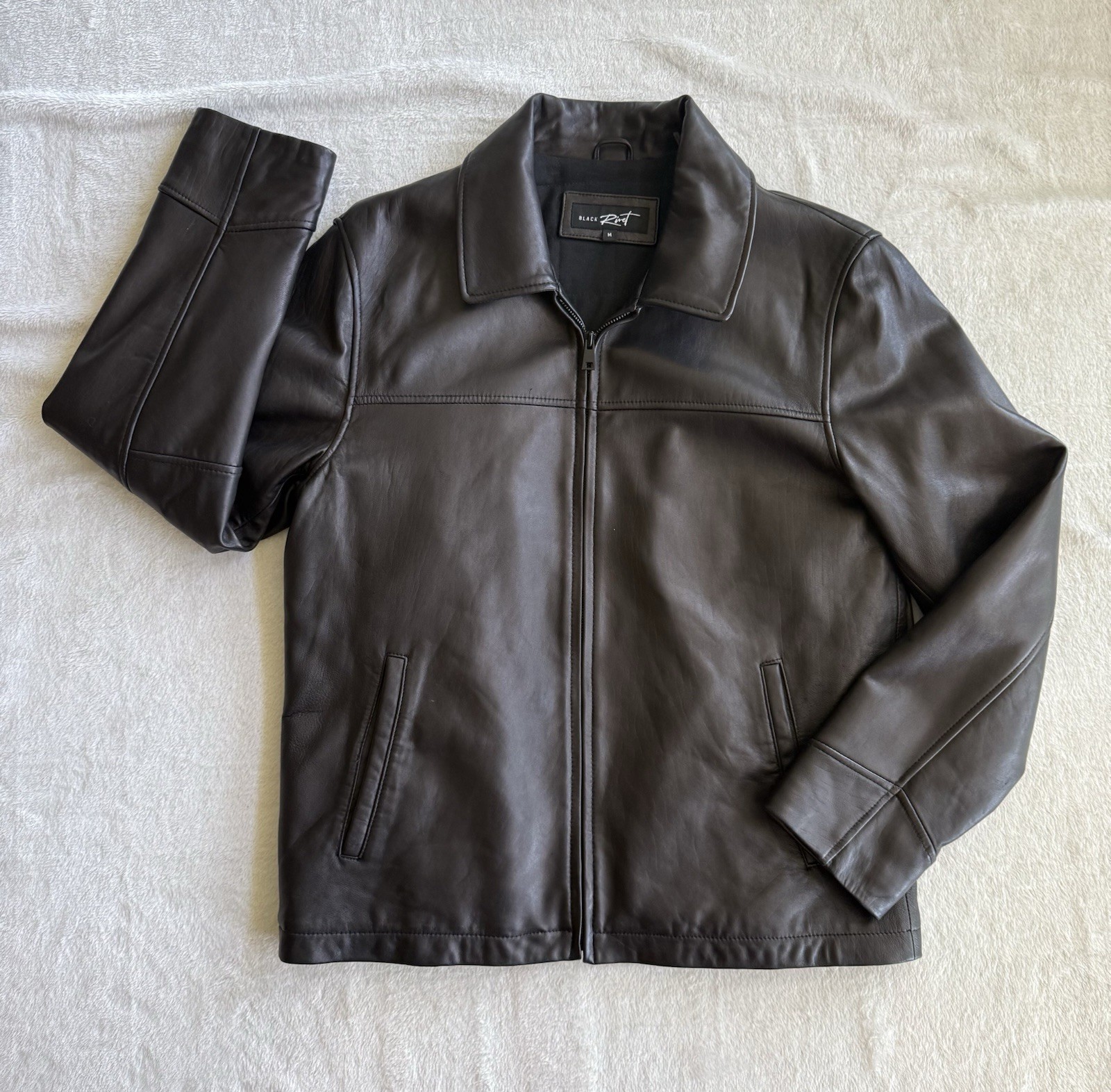 Black Rivet Men’s Black Leather Lined Full Zip Jacket Point Collar Size M