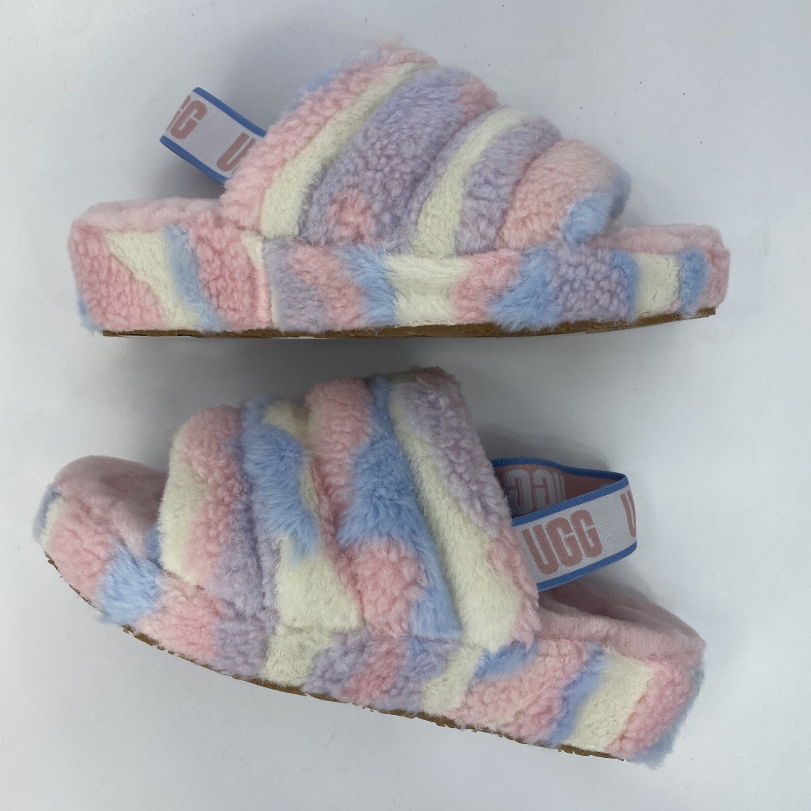 UGG W FLUFF YEAH SLIDE Slipper Cali Collage Women’s 9 Pink Blue White Stripe