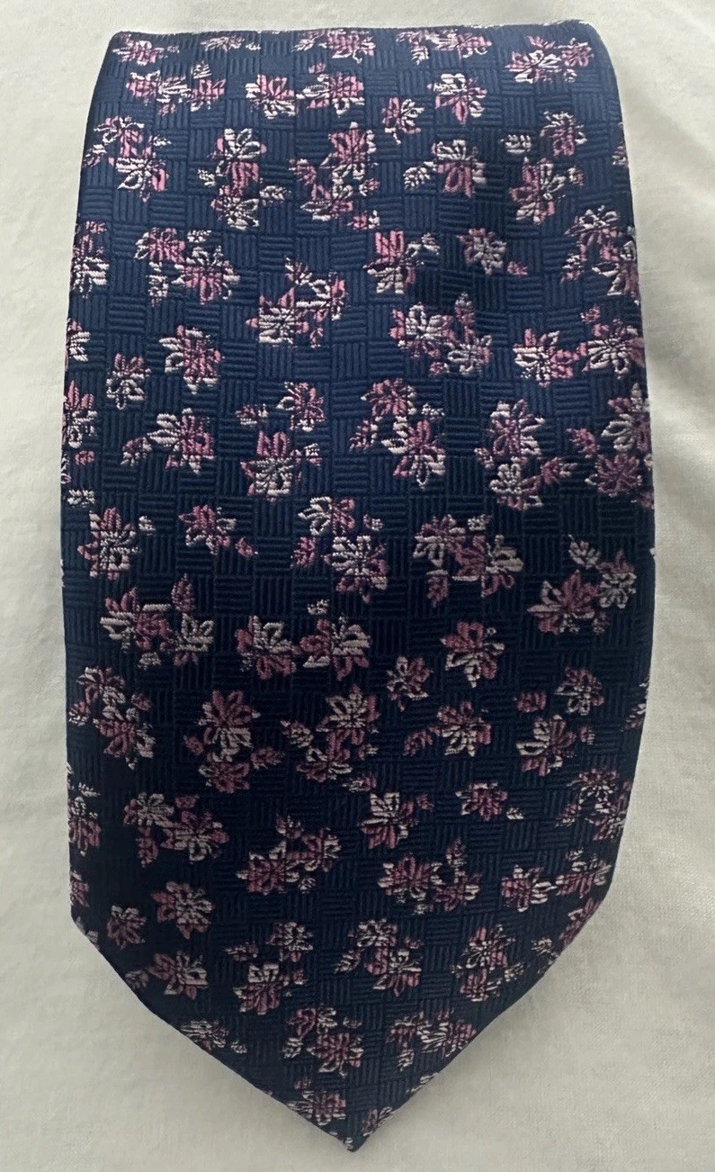 STAFFORD MENS TIE Navy Blue with Pink Floral Pattern 59” x 3.25”