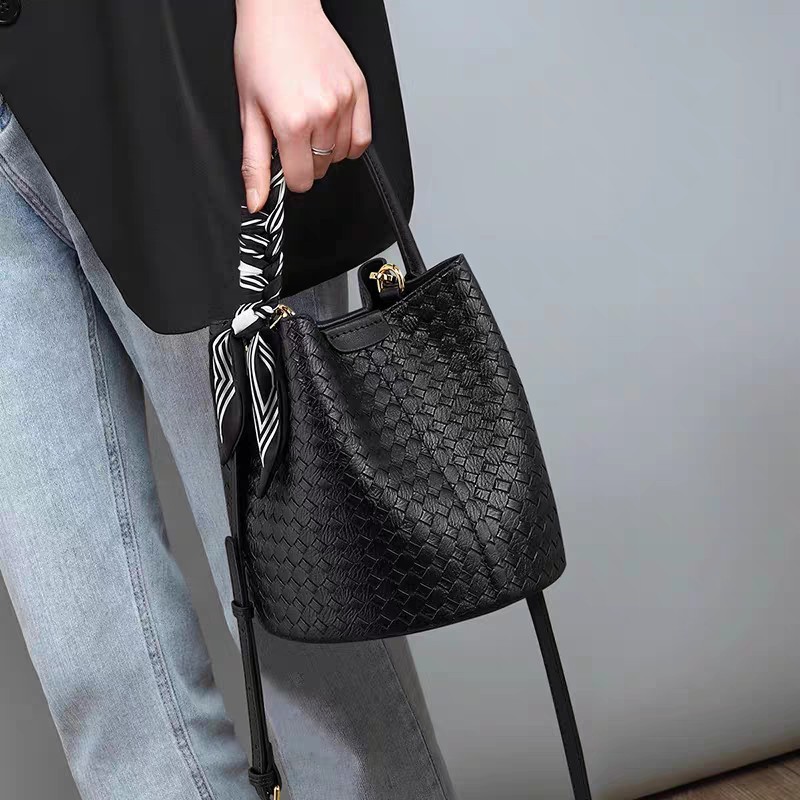 Bucket style woven mini handbag for women – soft crossbody tote with buckle
