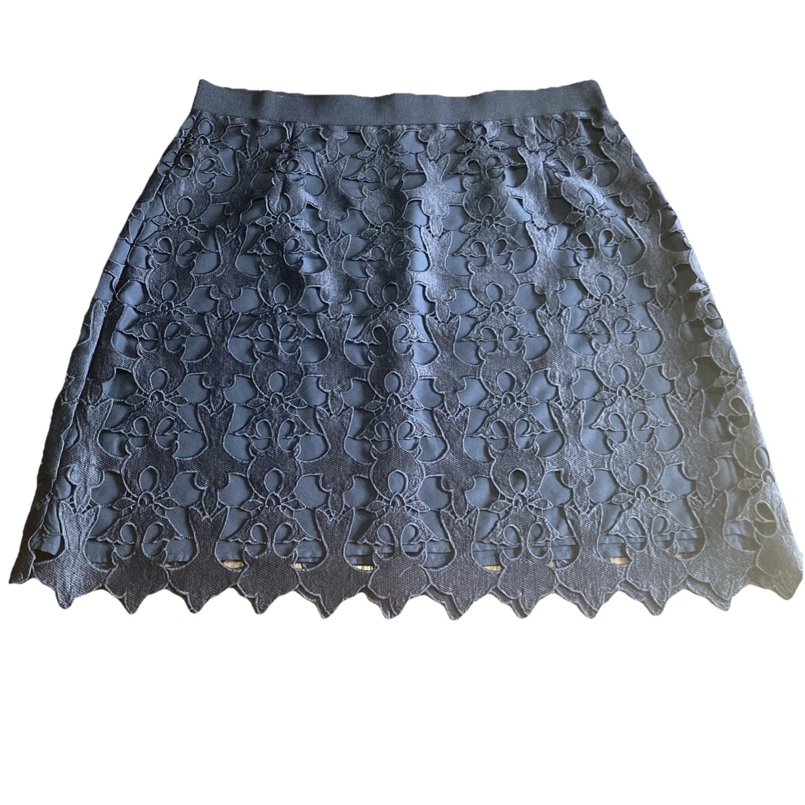 Loft Eyelet Lace Overlay Knee Length Navy Blue A Line Skirt