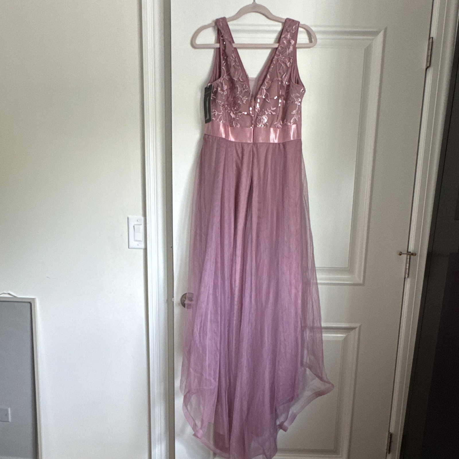Ever-Pretty Pink Floral Sequin Embroidered Tulle Maxi Dress V-Neck size 14