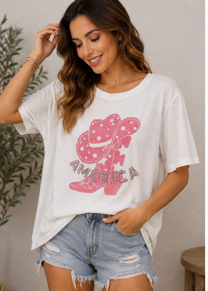 Peach Love Pink Womens Large White Sequin Cowboy Boots Hat Graphic T Shirt NWT