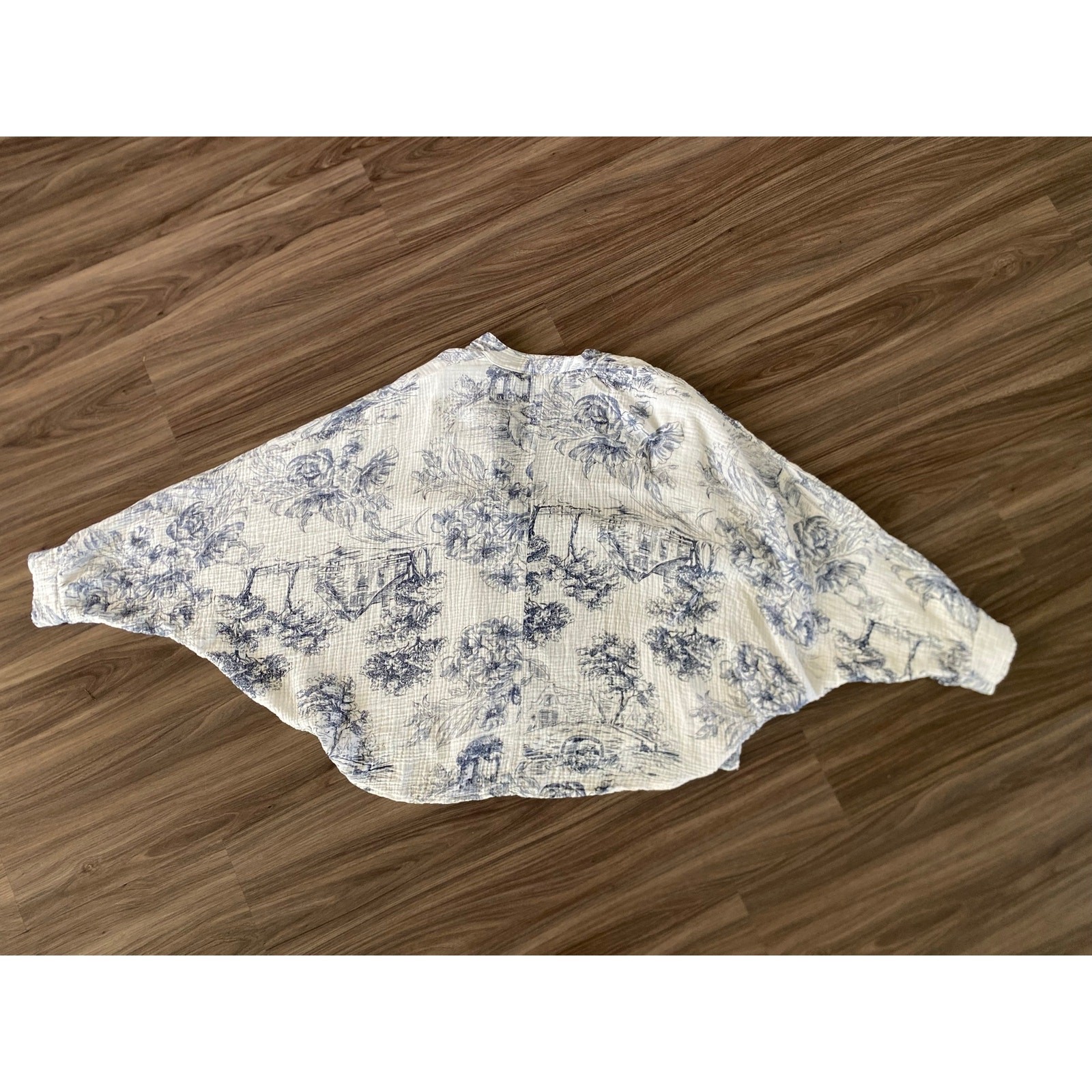 Milo Milano Blue White Toile Print Cotton Gauze Cardigan Dolman Sleeve Size M