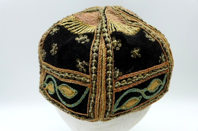Vintage Myanmar Burma Beaded Embroidered Velvet Hand Made Caps Black & Gold (2)