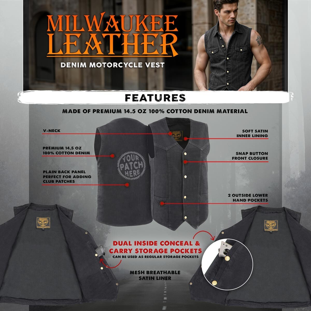 Milwaukee Leather Men’s Classic Snap Front Denim Biker Vest-DM1310(BLUE)&(BLACK)