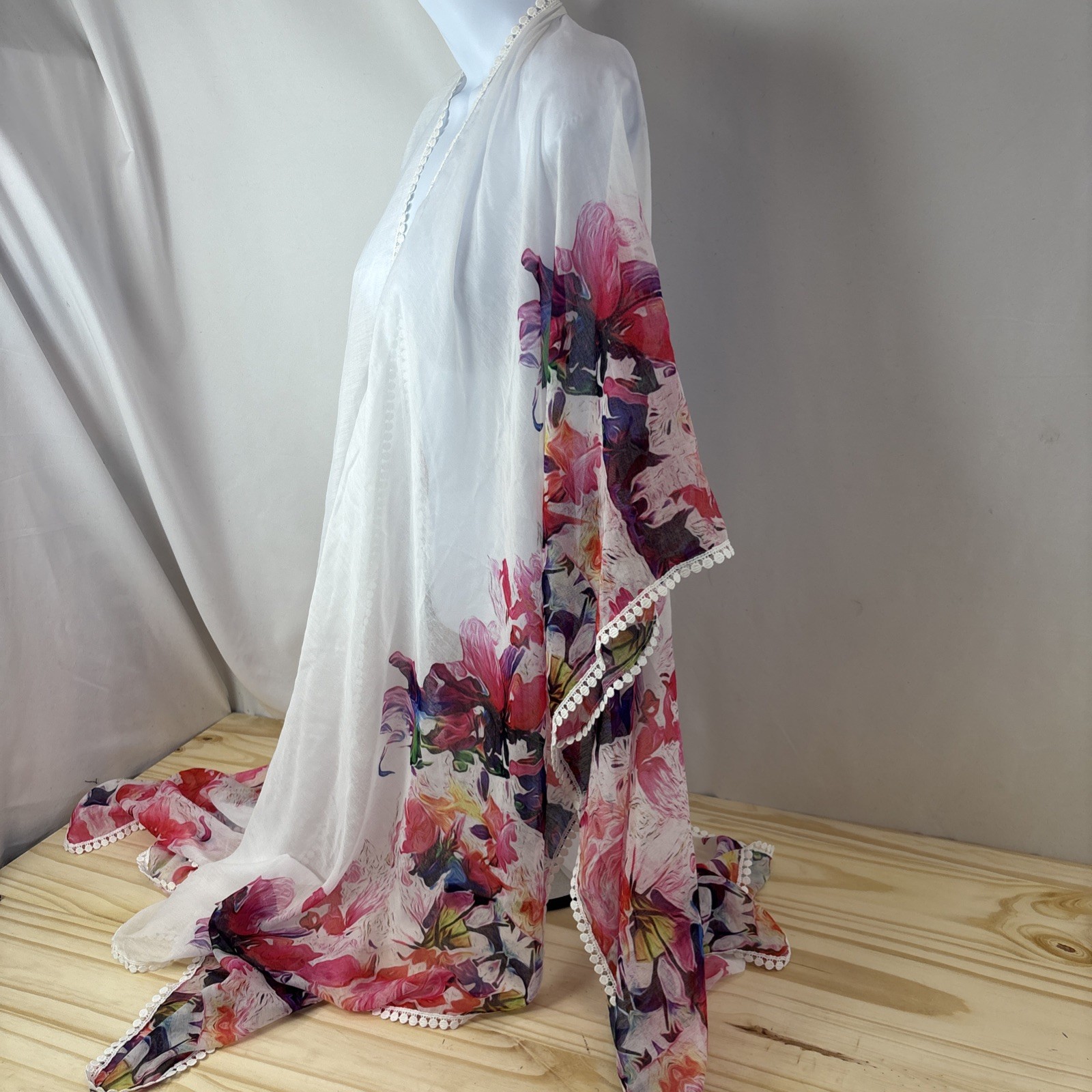 Womens Sheer Floral Kimono Cover Up White Watercolor Open Front Beach Swim OS