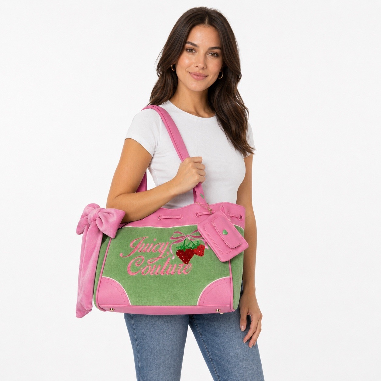 Juicy Couture Retro Strawberry Tote Bag Pink Green Velour Y2K 11JCDXUMX-RG NEW
