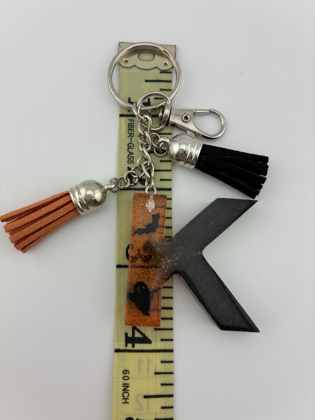 Handmade Halloween Letter K Resin Keychain Black Orange Bat Ghost Tassels New