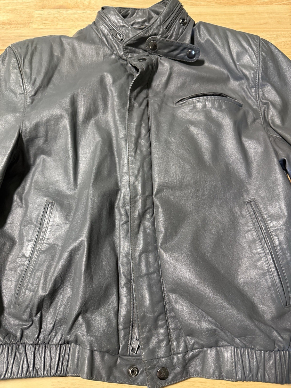 Vintage Men’s Gray Leather Jacket Moto Bomber Style YKK Zip Size 38