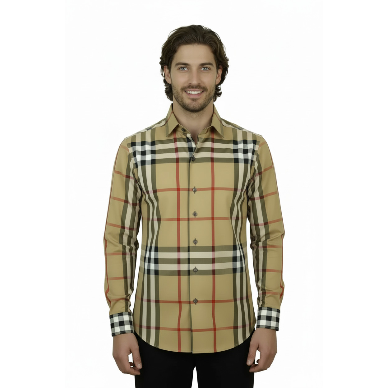 Men’s AXXESS Turkey English Plaid Shirt 100% Soft Cotton High Collar 120-09 Tan