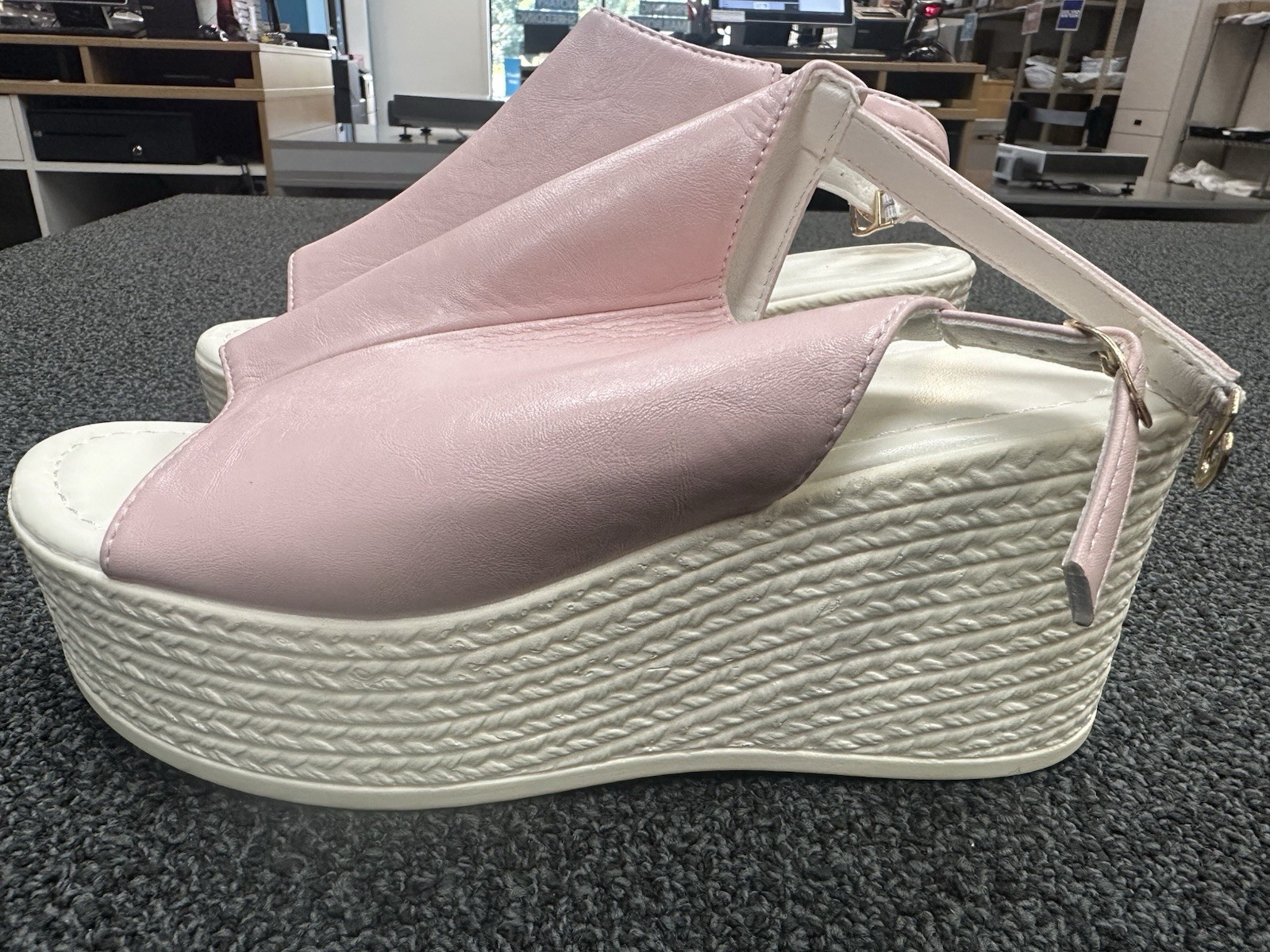 Pink White Wedge Platform Slingback Sandals Open Toe Zipper Faux Leather 8