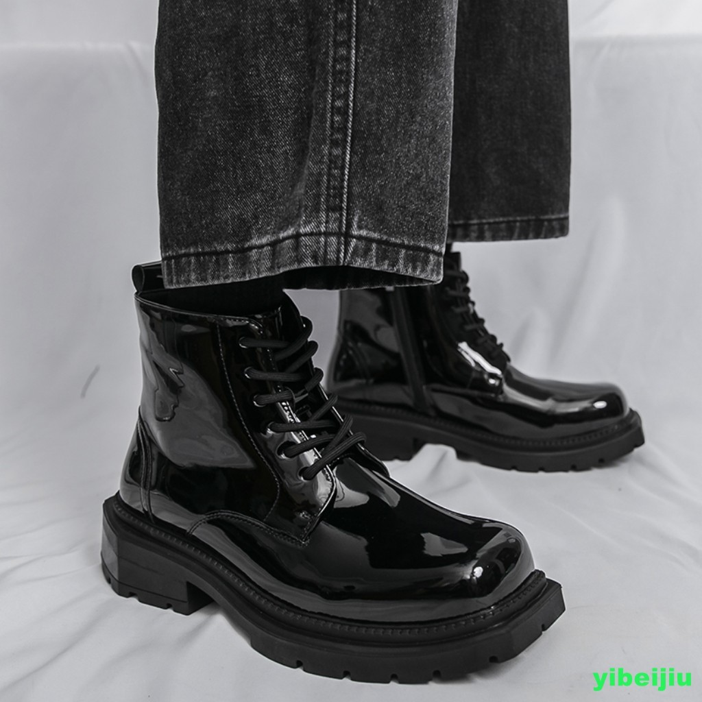 Mens Shiny Leather Dress Ankle Short Boots Platform Wide Shoes Motorcycle Gothic