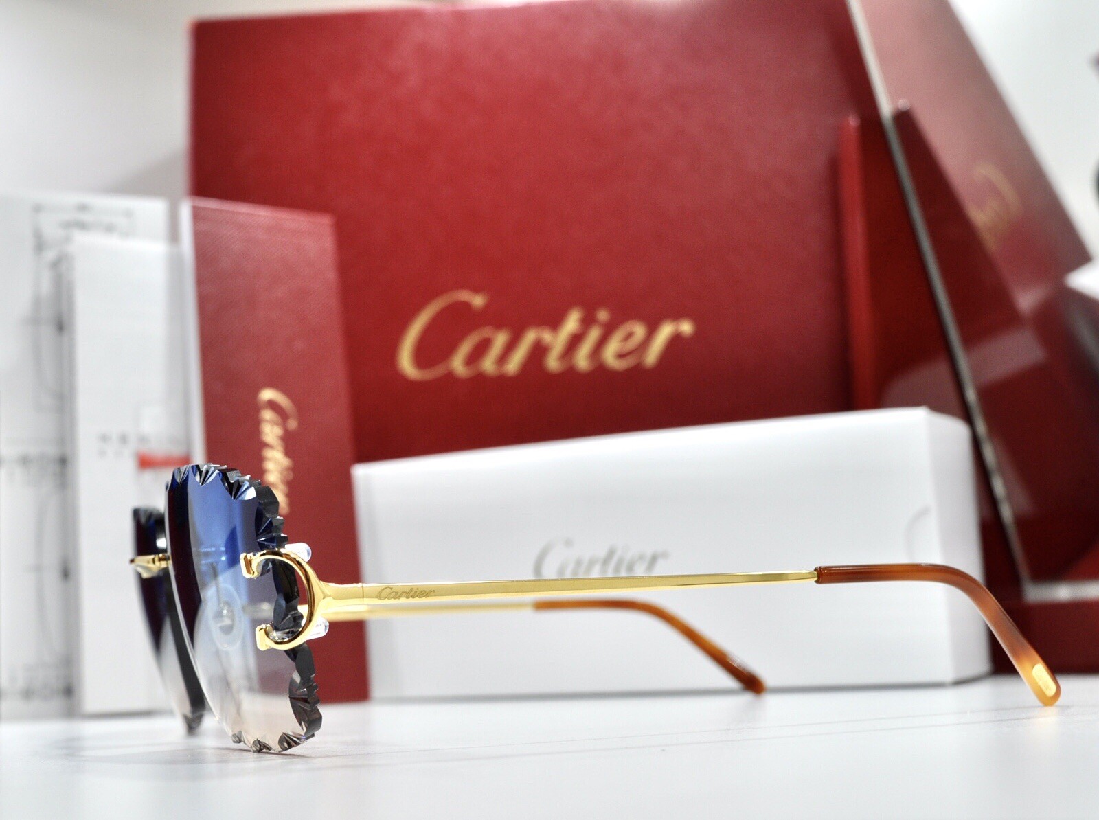 New Cartier rimless sunglasses fred glasses Diamond Cut decor BIG C gold Frame