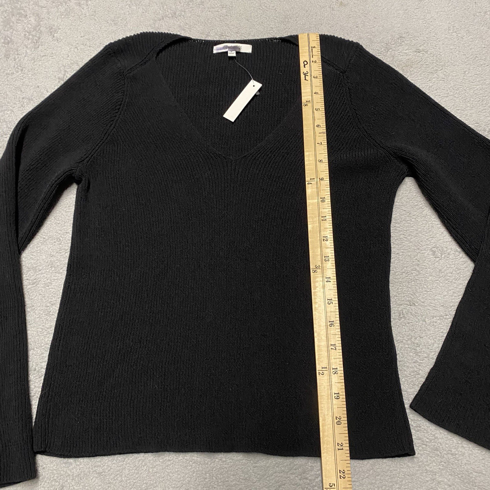 Madewell Sweater Medium Black V Neck Flare Sleeve Knit Cotton Polyamide NEW