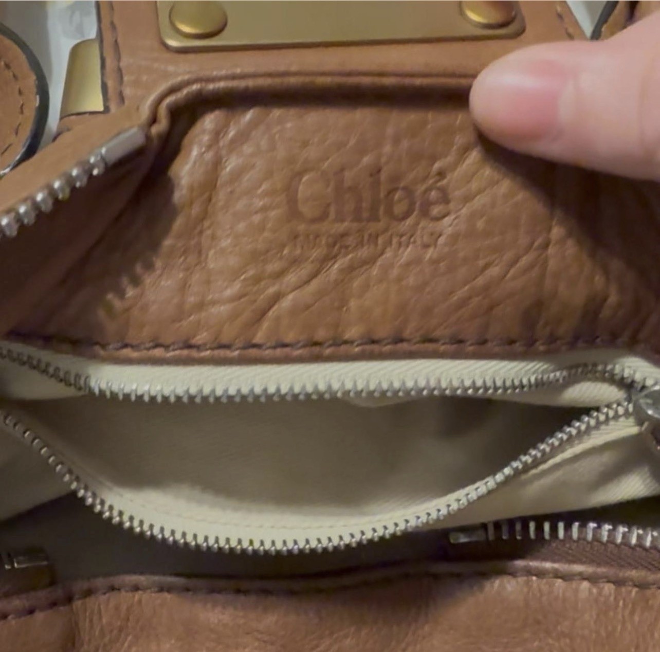 Chloé Brown Satchel Padlock & Key, Studded Bottom, Zip Closure, Gold/Silver