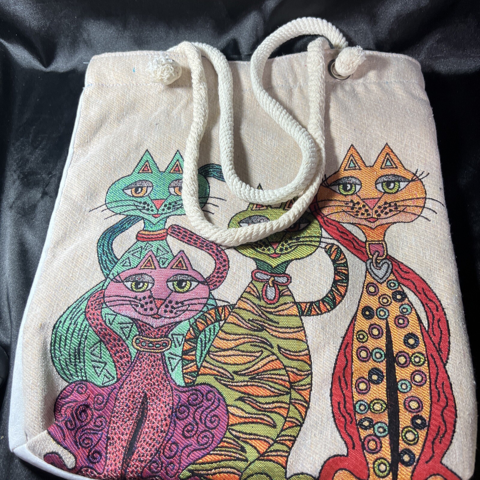Boho Cat Tapestry Fabric Tote Bag for Women Anatolian Pattern Shoulder Bag