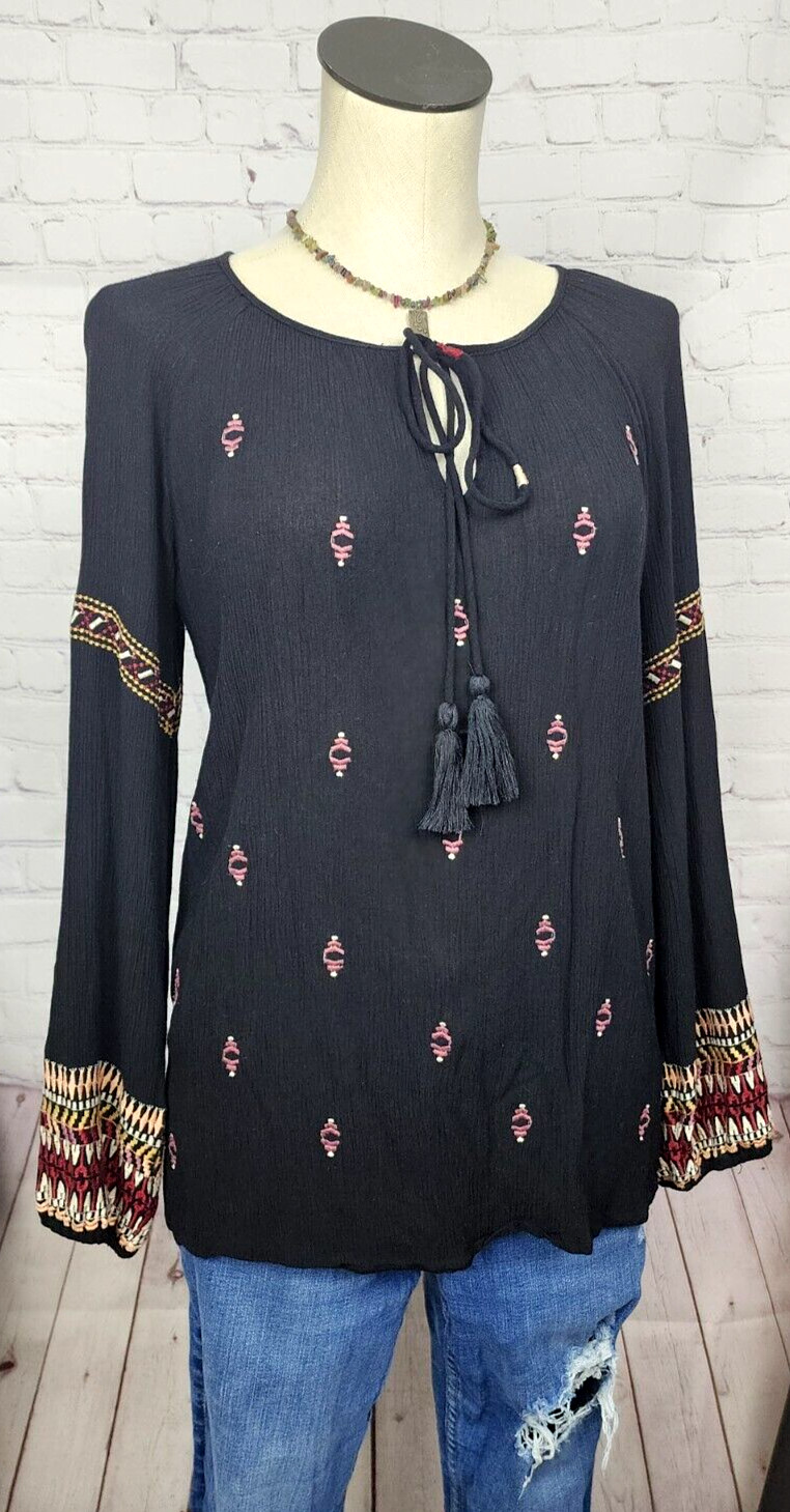 Sundance Blouse Tassels Embroidery Elastic Cuffs BOHO Western Peasant Tribal M