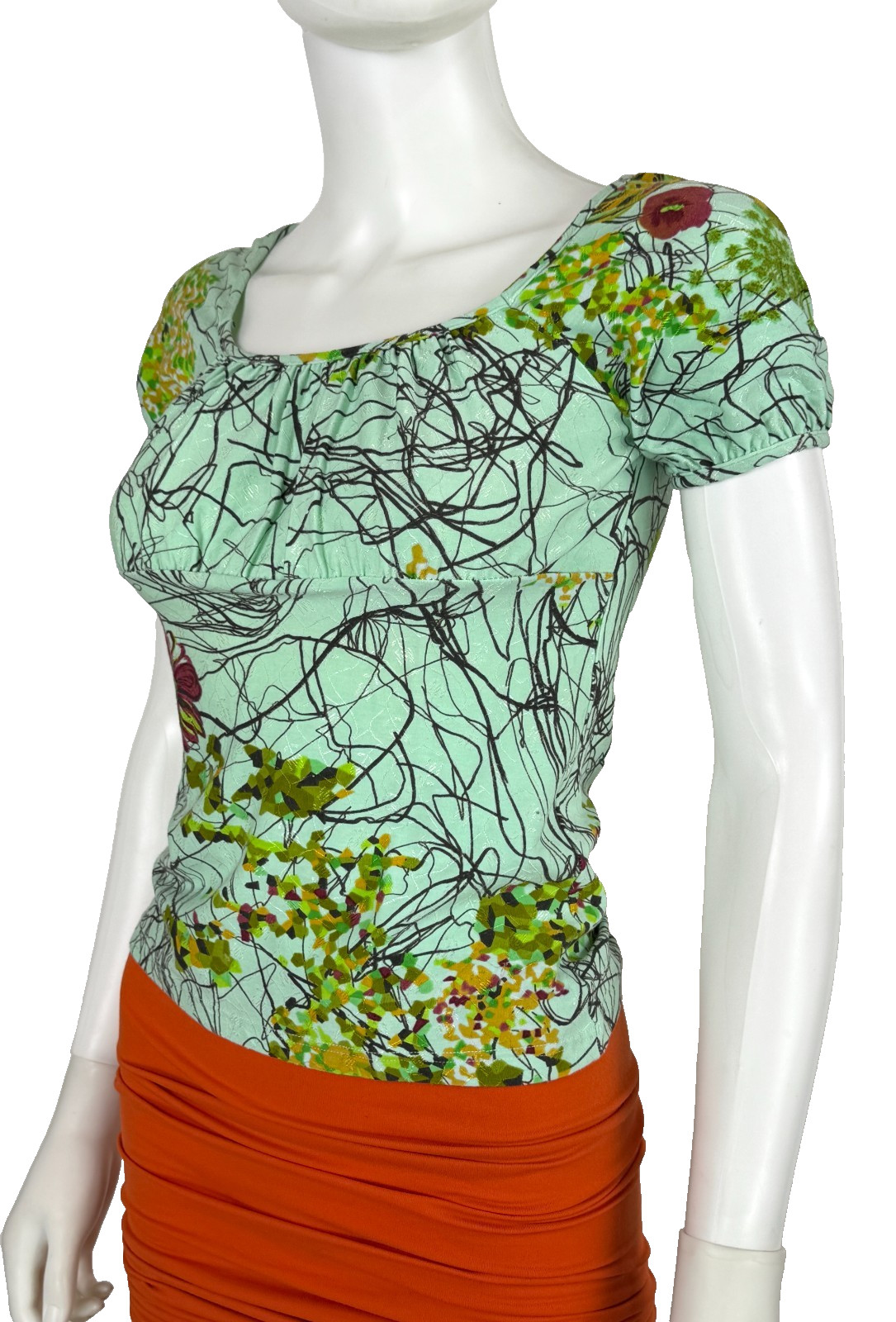 Christian Lacroix Bazar Green Print Stretch Cotton Top Blouse 4 US 40 IT S Auth