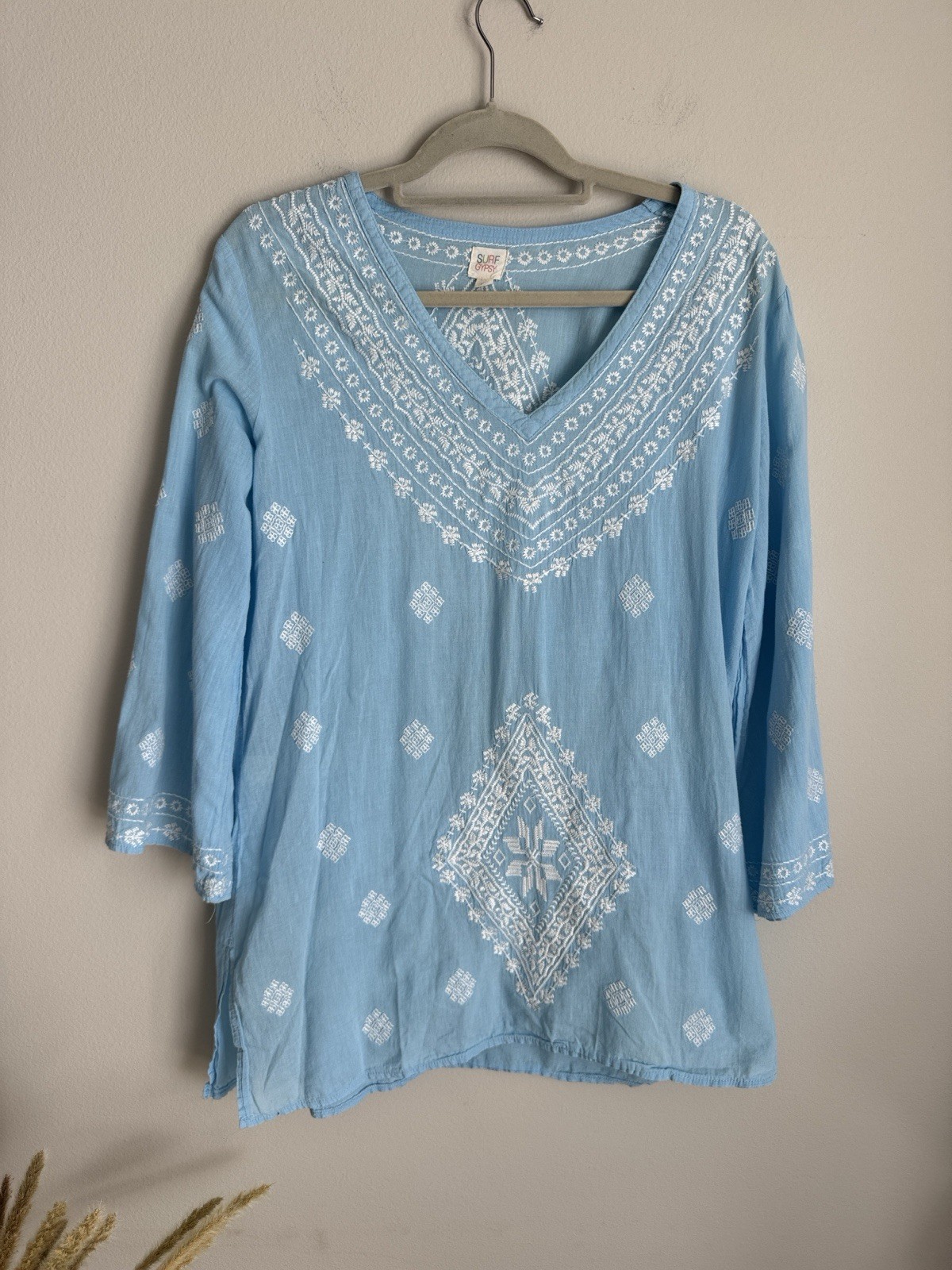 Surf Gypsy Blue Embroidered Cotton Tunic Boho Beach Cover Up Top Medium