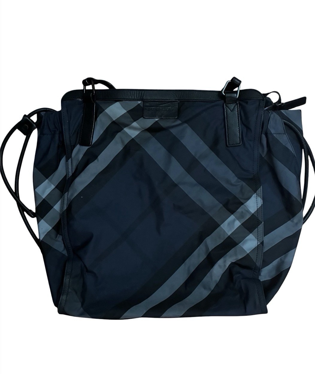 Burberry Navy Gray Plaid Tote Bag Leather Trim Zip Drawstring Detachable Strap