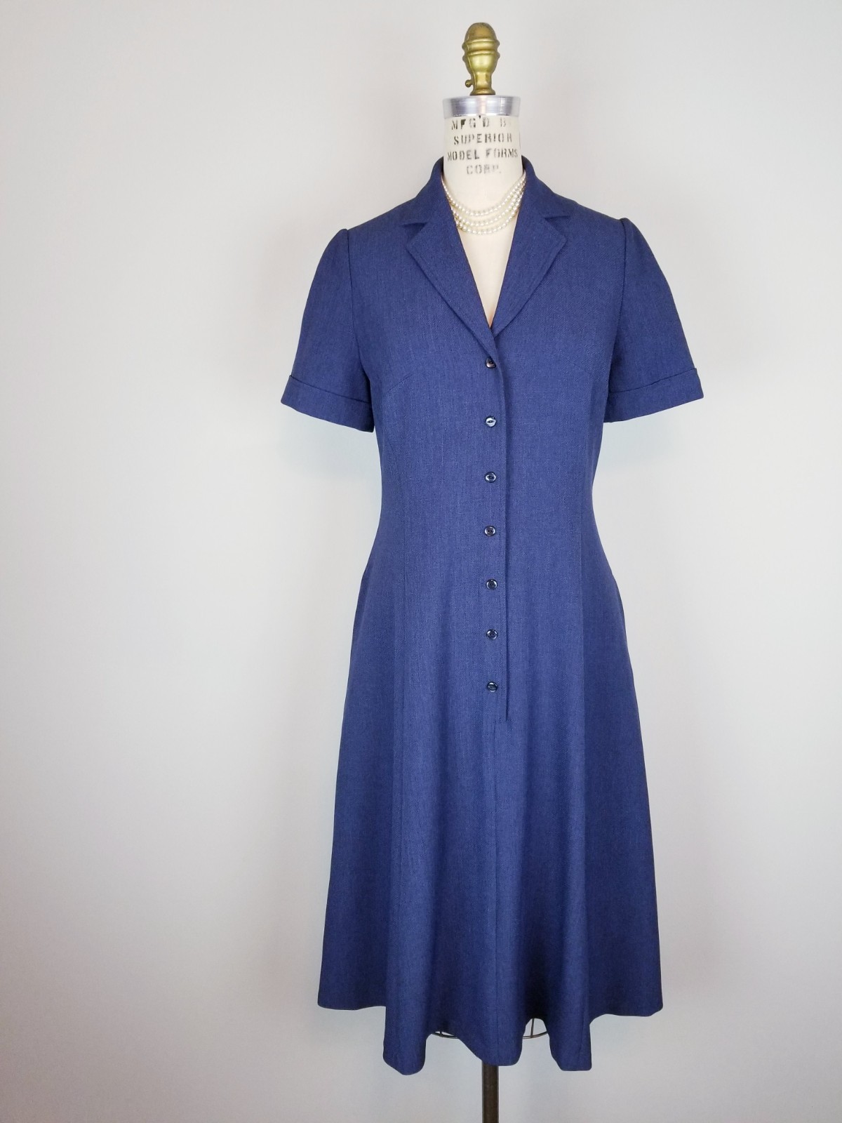 Deep Navy Blue Anne Klein Button Front A Line Midi Dress w/Pockets * Size 4