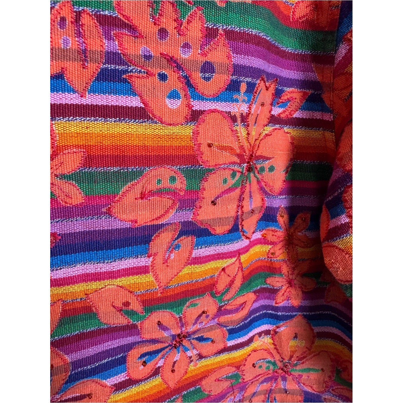 Chico’s Design Bright Orange Artsy Floral Stripe Button-Front Jacket Beaded