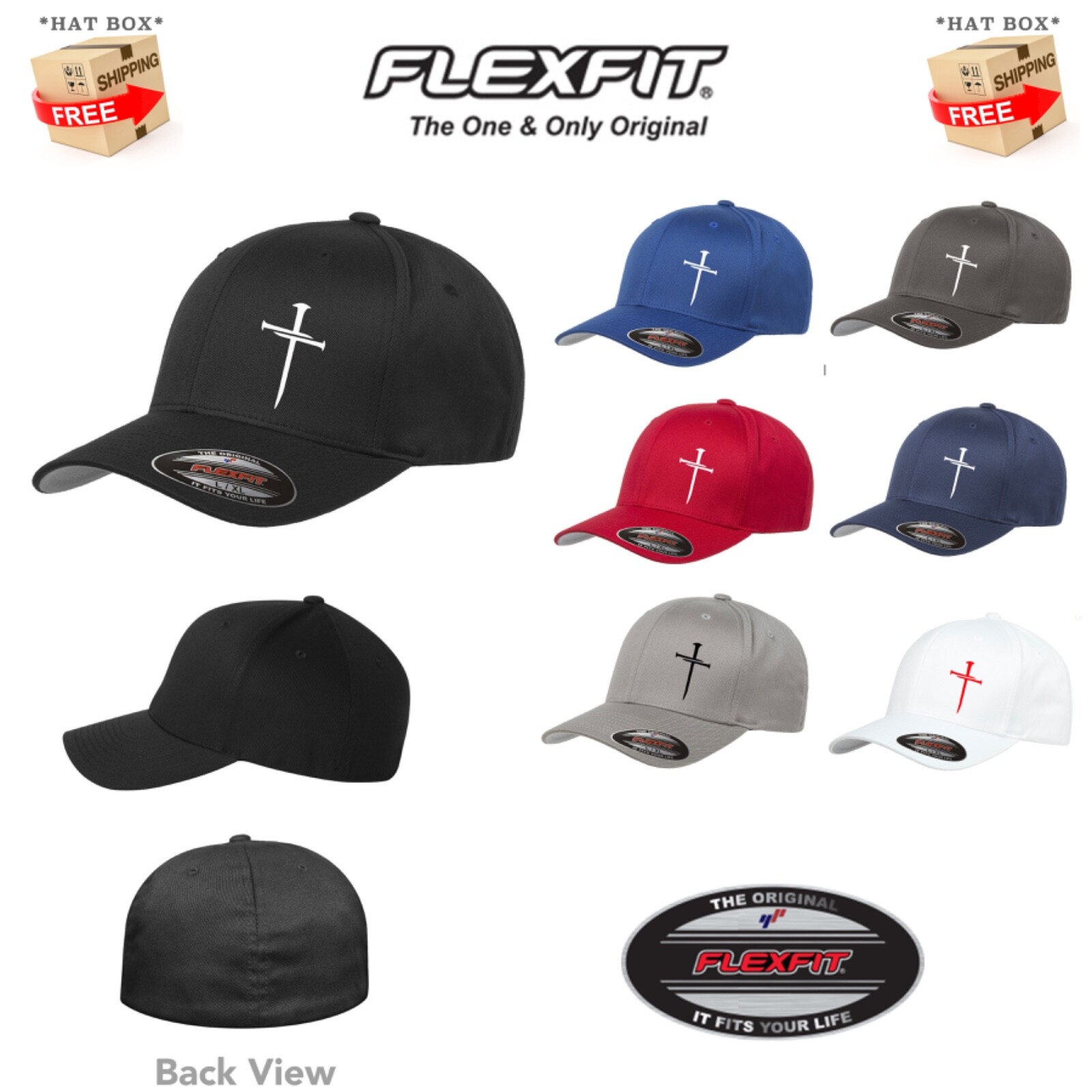 GOD THREE CRUCIFIXION NAIL CROSS RELIGION FLEXFIT HAT *FREE SHIPPING in BOX*
