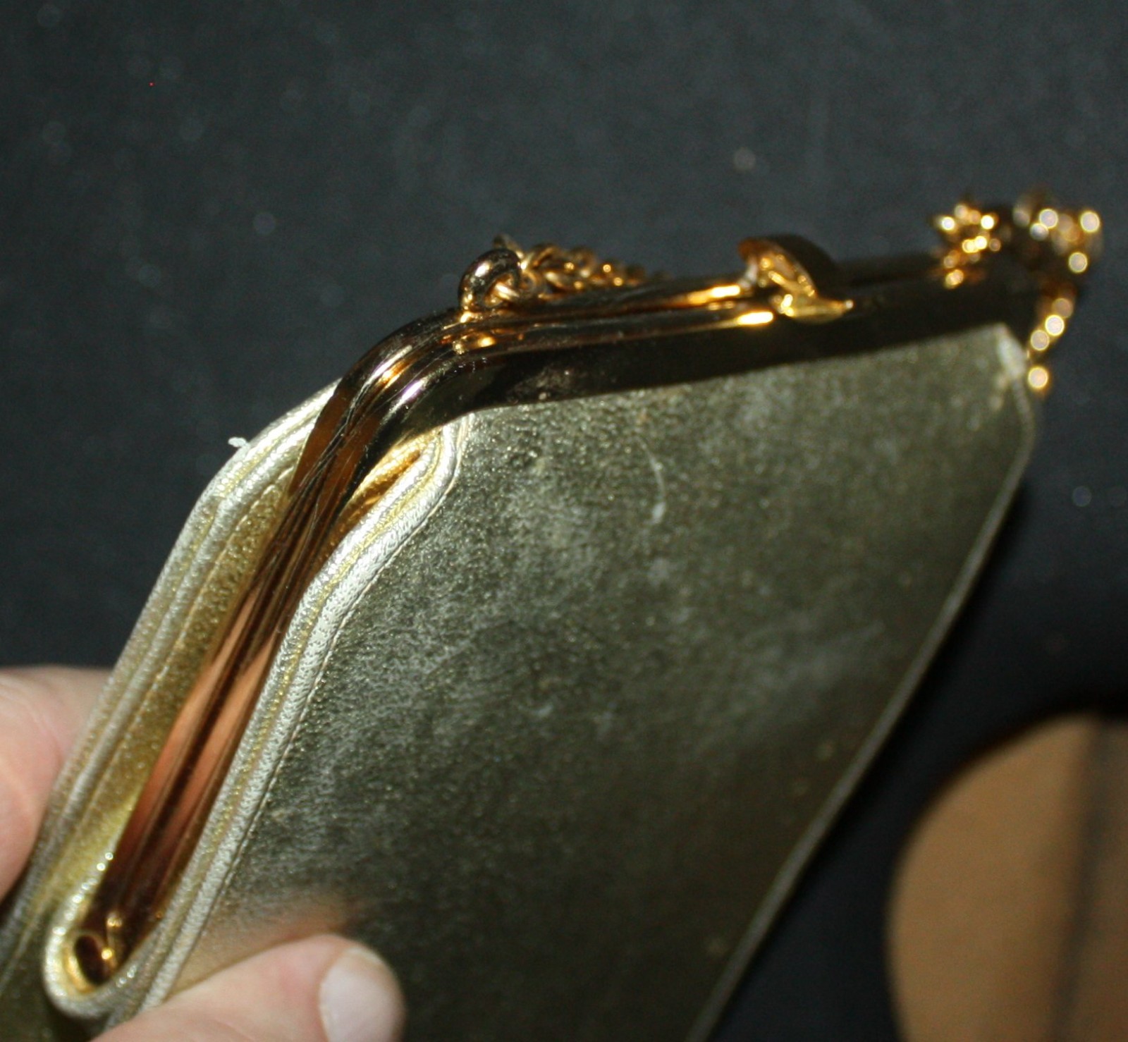 VINTAGE 50s Bobbie Jerome Metallic Gold Purse w/ Chain Rose Gold Satin Interior