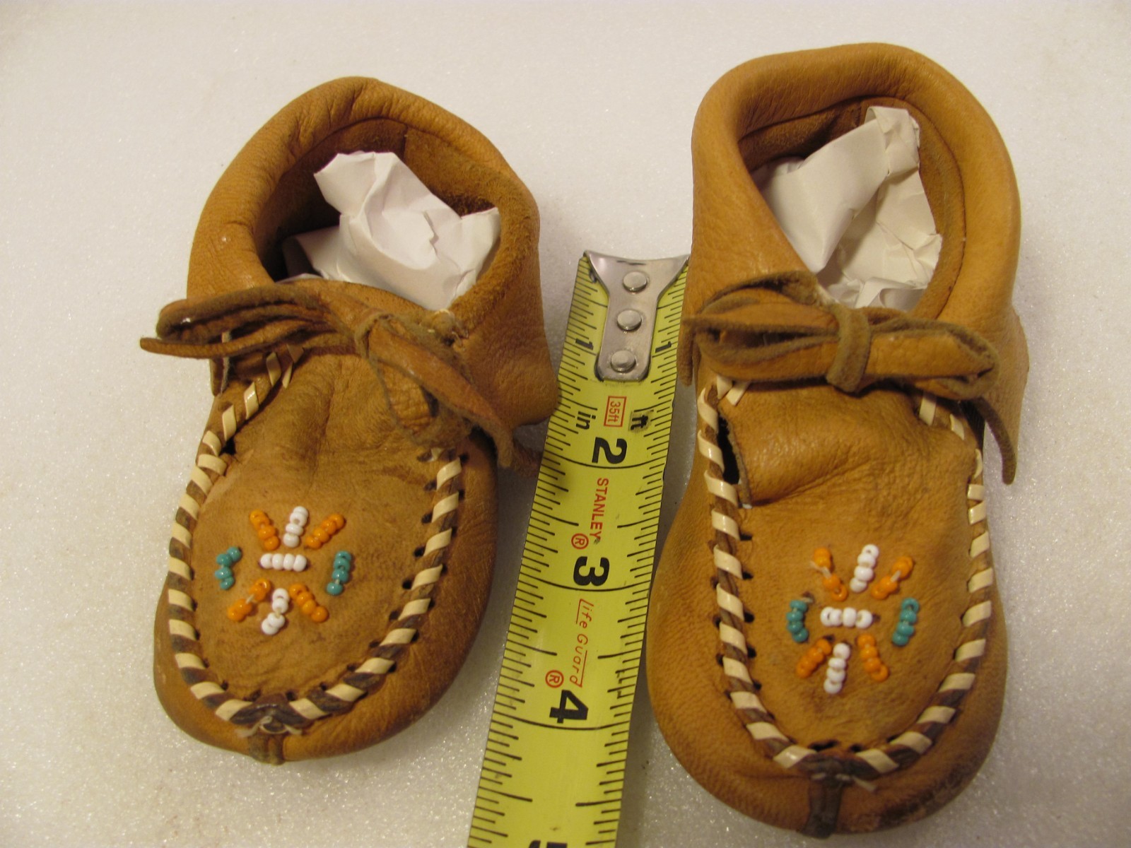 Baby Moccasins Size 4.5 Inches Genuine Brown Leather Vtg Beaded Decor Cute