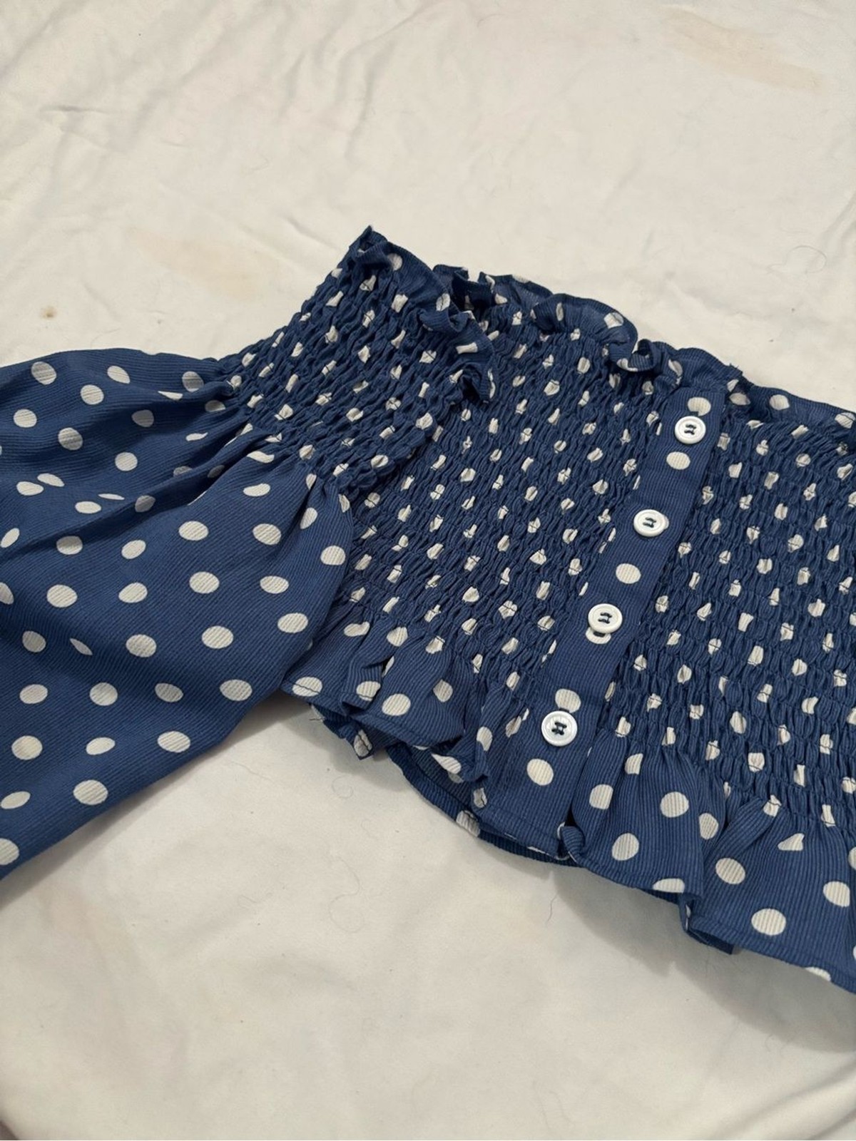Skylar + Madison Navy Blue Polka Dot Off-Shoulder Smocked Crop Top