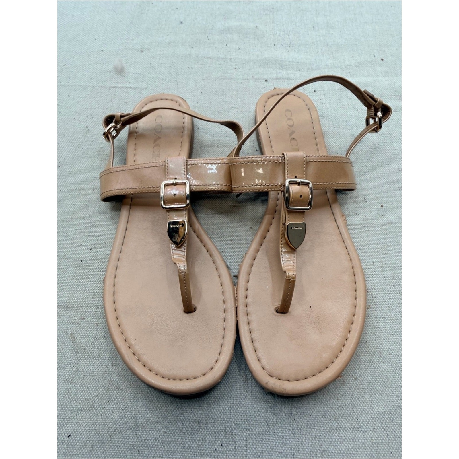Coach Cassidy Nude/Tan Leather T-Strap Sandals with Buckle