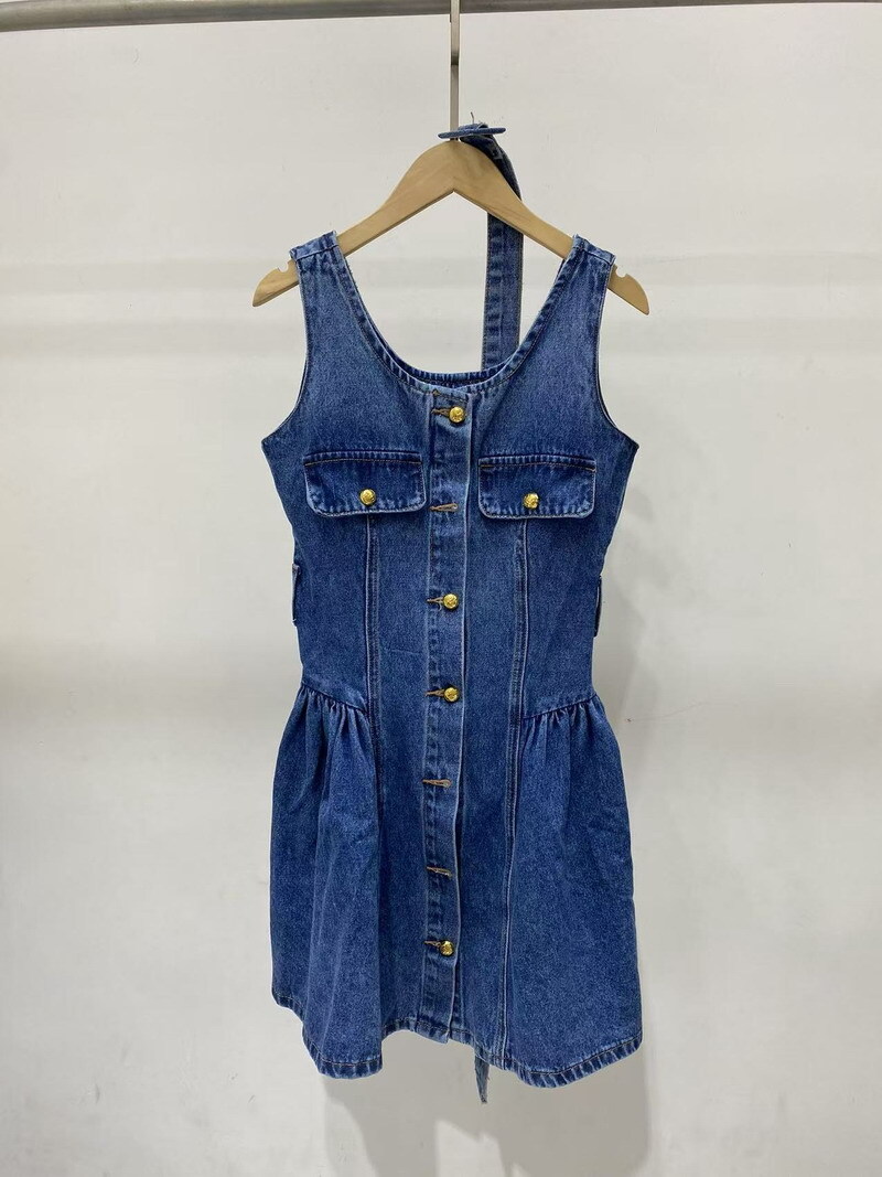 Self-Portrait Womens New Retro Sweet Waist Fluffy Sleeveless Denim Dress