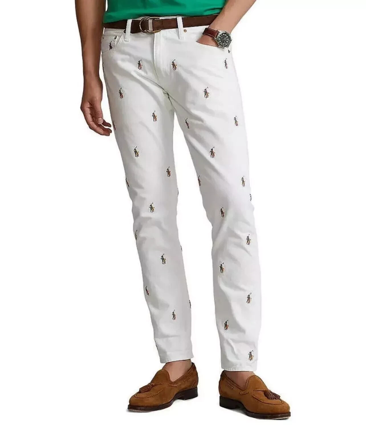 Polo Ralph Lauren Allover Pony Embroidered Varsity Preppy Royal White Slim Jeans