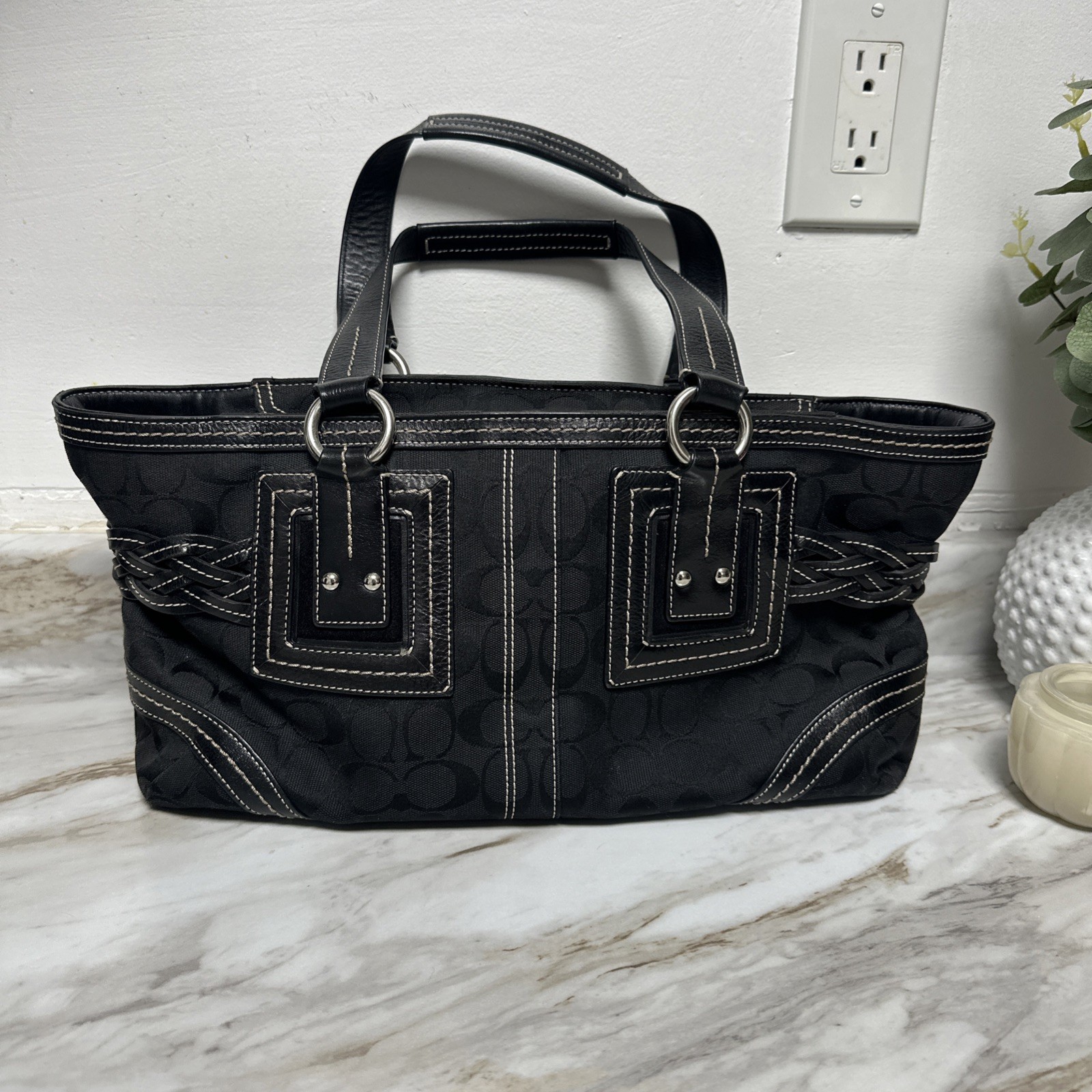 Coach Black Satchel Braided Buckle Accent Logo Zip Silver Hardware Inner Pockets