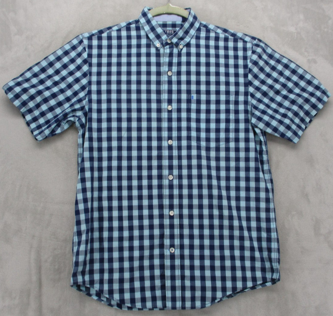 IZOD Shirt Mens Small Blue Check Short Sleeve Button Down Cotton Casual