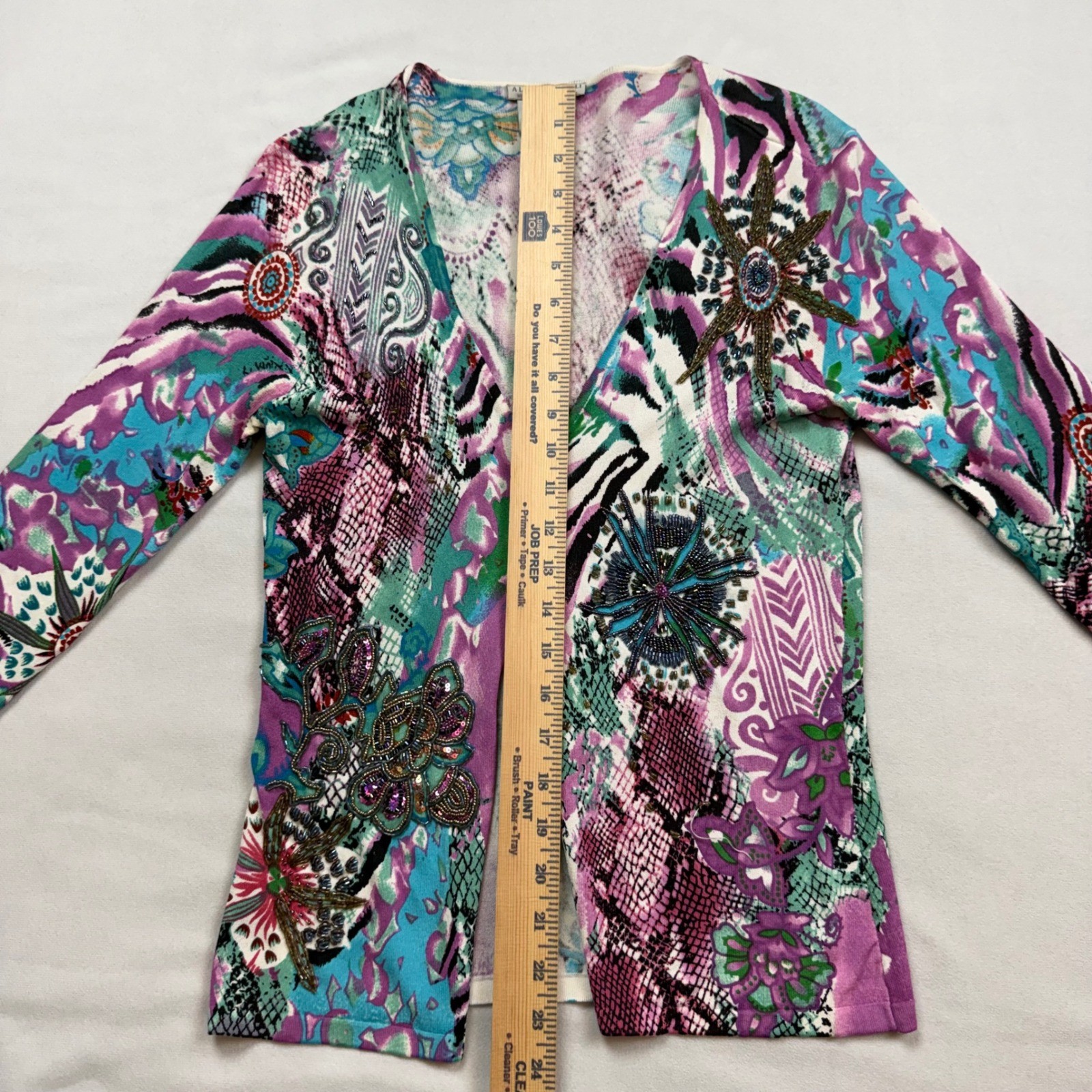 Alberto Makali Womens Beaded Mixed Print Open Front Cardigan Purple Teal Small