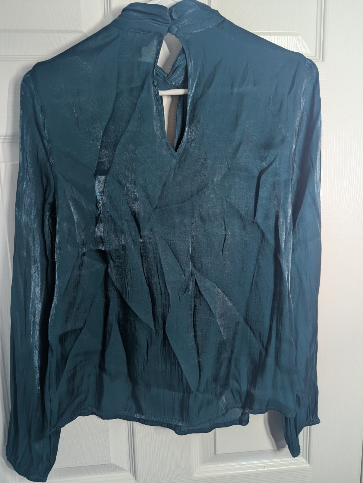 Nine West Blouse Women’s S Teal Metallic Shimmer Long Sleeve Keyhole Mock Neck