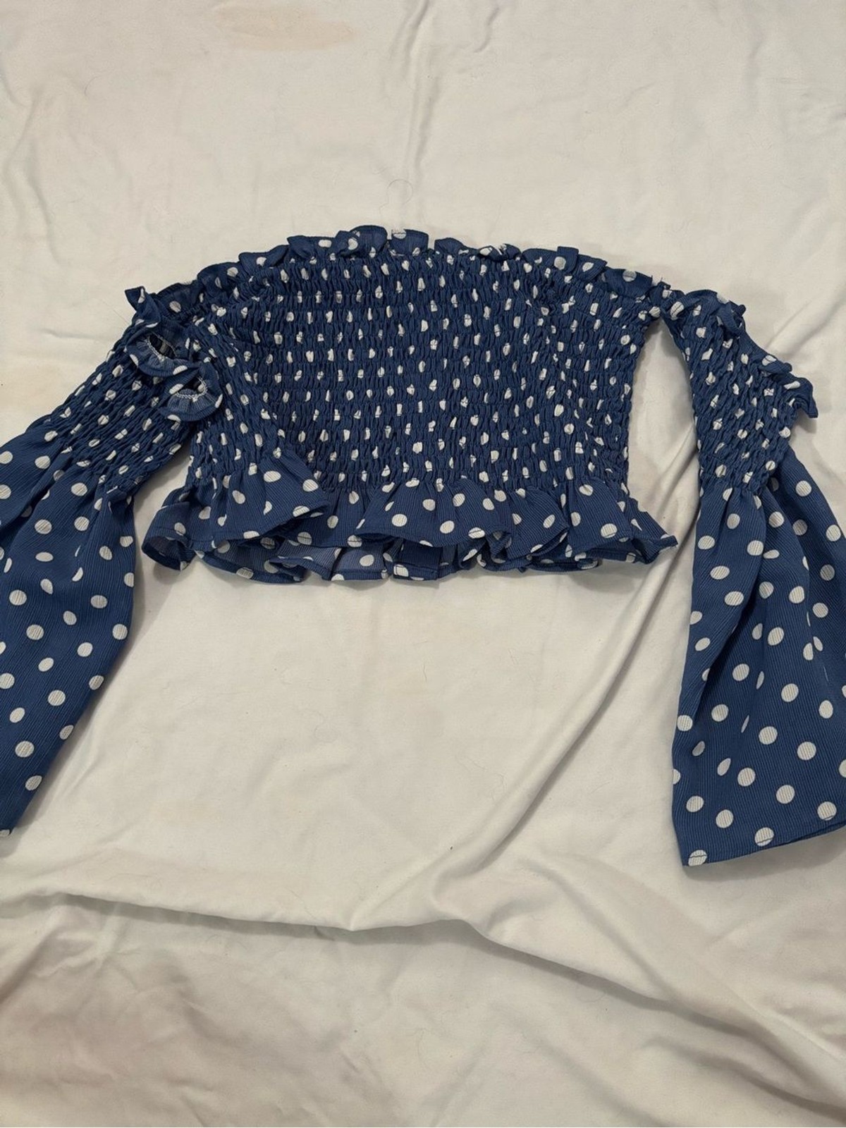 Skylar + Madison Navy Blue Polka Dot Off-Shoulder Smocked Crop Top