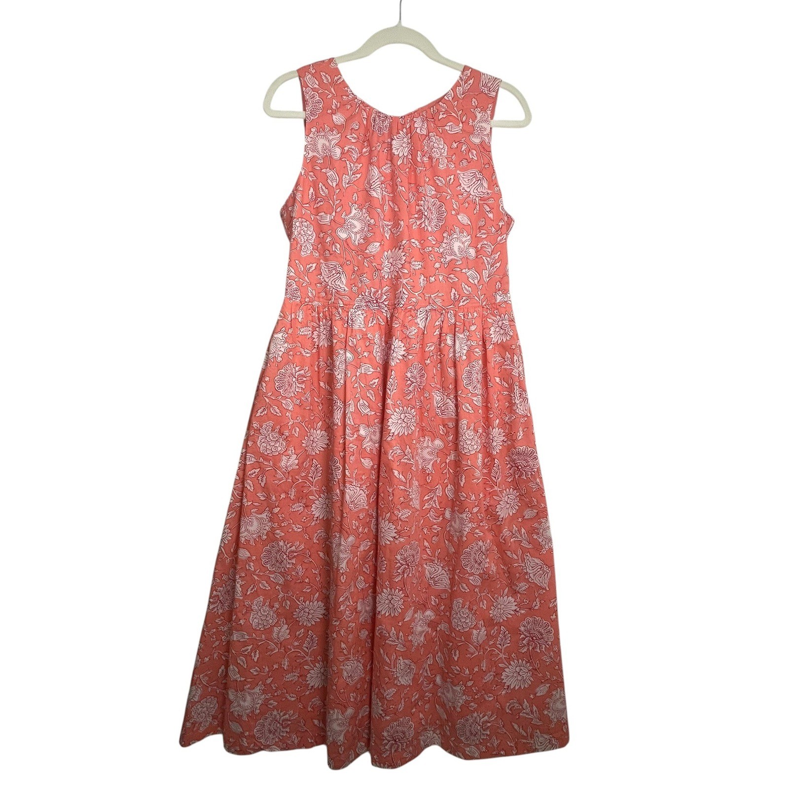 J. Crew Women Coral Floral Block Print Sleeveless Midi Dress Pockets SP24 Sz 10