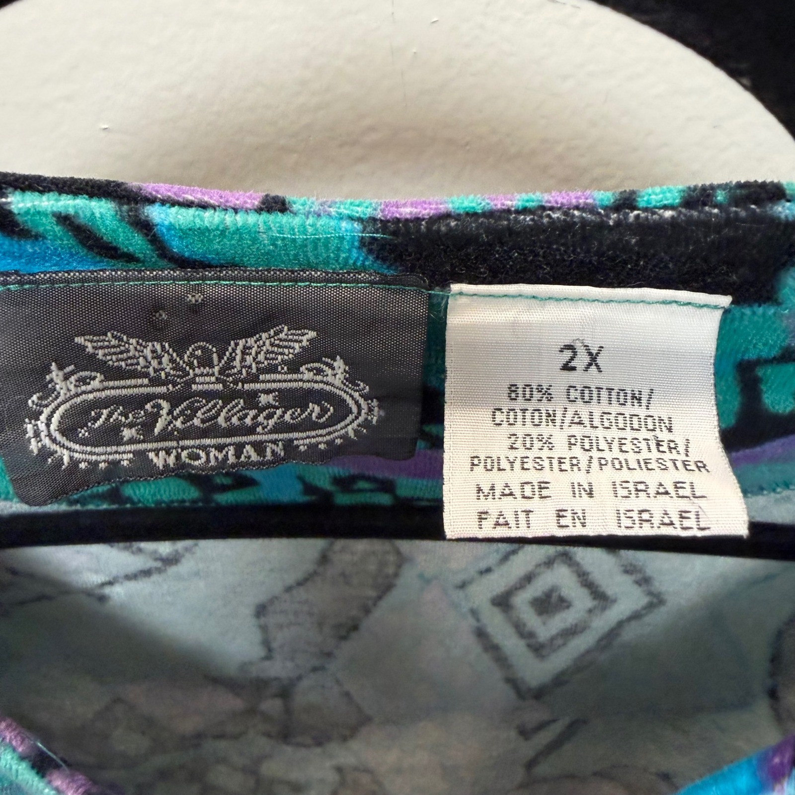 The Villager Woman Tunic Top Womens 2X Teal Purple Excellent Abstract Velour 90s